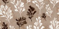 Elegant botanical pattern with white and dark brown leaf silhouettes on neutral beige background, creating a sophisticated natural design.