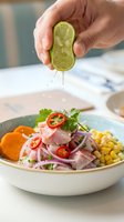Hand squeezing fresh lime juice over ceviche bowl with raw fish, red onion, cilantro, chili peppers and corn. Culinary preparation for seafood cooking.