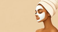 Young woman with facial clay mask and towel wrapped around head on beige background, side view profile portrait for spa, beauty and skincare advertising.