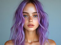 Young woman with vibrant purple hair, freckles, and natural makeup against blue background, showcasing modern beauty trends.