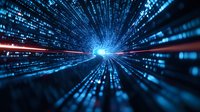 Digital tunnel with blue light streams and data particles flowing through cyberspace, creating dynamic motion effect against dark background. For technology concepts.