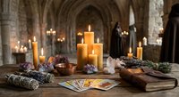 Mystical altar setup with candles, crystals, tarot cards and herbs in gothic cathedral interior for spiritual rituals and divination practices.