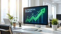 Q4 financial growth chart with upward trending arrow displayed on desktop monitor in modern office workspace with plants and natural lighting.