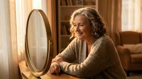 Mature Caucasian woman with gray curly hair smiling warmly while sitting at wooden table in cozy home interior with natural lighting and bookshelves.