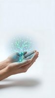 Hands holding glowing digital tree with light particles, representing technology, innovation, growth, and sustainable development for business and digital transformation concepts.