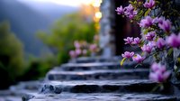 Serene stone steps adorned with blooming pink magnolia flowers at sunset, creating magical atmosphere with soft bokeh lights and blurred natural background.