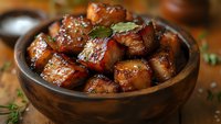 Glazed pork belly chunks in wooden bowl with herbs, caramelized in sweet and savory Asian-style sauce, garnished with fresh greens. Appetizing food photography.