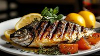 Grilled whole fish with herbs and lemon slices served on white plate with cherry tomatoes for gourmet dining and culinary presentation.