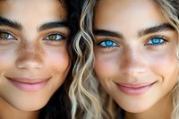 Two young women with natural makeup showcasing diverse beauty and friendship in close-up portrait with warm lighting and genuine smiles.