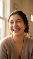 Happy teenage girl with braces smiling warmly in cozy home interior with natural sunlight streaming through windows creating soft golden hour atmosphere.