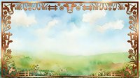 Ornate brown decorative frame with rolling green hills, blue sky and white clouds, featuring botanical corner elements and flourishes, suitable for certificates, invitations, scrapbooking and vintage design projects.