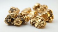 Raw gold nuggets scattered on white background showing natural metallic texture and irregular shapes for mining industry concepts.