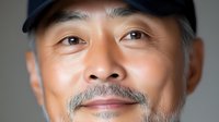 Middle-aged Asian man with friendly smile wearing black baseball cap against neutral gray background, close-up portrait showing genuine warmth and approachability.