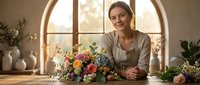 Woman florist arranging colorful mixed flowers at wooden table near arched window with natural light, suitable for floral design, small business, and lifestyle content.