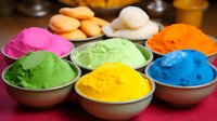 Vibrant colorful powder pigments in ceramic bowls arranged in rainbow order, natural dyes and spices on rustic wooden table with traditional ingredients in background.