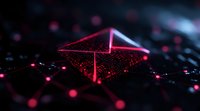 Glowing red geometric pyramid shape with digital particles and light effects on dark background, futuristic technology concept for business presentations.
