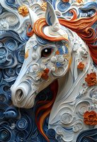 Decorative horse head with swirling paper quilling details in white, blue, and copper tones, featuring intricate spiral patterns and floral elements against dark background.