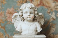 White marble cherub angel bust sculpture with wings and curly hair on ornate floral wallpaper background for home decor and religious art concepts.