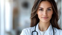 Young female medical professional in white coat with stethoscope smiling confidently at camera. Natural makeup, long brown hair, and warm expression conveys healthcare expertise and trust.