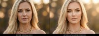 Middle-aged woman with blonde hair and fair complexion wearing a gold necklace, shown in before and after portrait comparison with enhanced skin retouching and professional makeup application.
