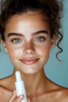 Young woman with freckles, natural makeup and curly hair holding white cosmetic serum bottle against blue background. Close up beauty portrait showing glowing skin.