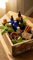 Organic essential oils collection in rustic wooden box with herbs, spices and dried citrus for natural wellness and aromatherapy treatments.