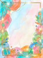 Watercolor celebration frame with colorful leaves, gift boxes, stars, and glowing lights on pastel background. Isolated design element ready for greeting cards, invitations, posters, and festive marketing materials.