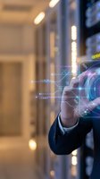 Male IT professional in suit interacting with glowing futuristic holographic interface in modern server room data center.