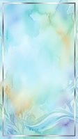 Soft watercolor wash in turquoise, yellow, and purple tones with flowing organic shapes and metallic frame border, suitable for backgrounds and design templates.