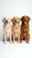 Three golden retriever dogs sitting together with tongues out on white background, showcasing different coat colors from light to dark golden shades.