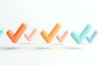 Colorful checkmark symbols in orange, pink, yellow and mint green floating with soft shadows on white background, minimal style design elements.
