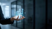 Businessman hand presenting digital network connection technology with glowing circuit board hologram in modern office environment for innovation concepts.