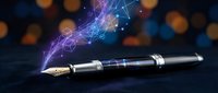 Luxury fountain pen with magical glowing network connections and light effects on dark background for creative writing and digital communication concepts.