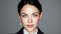 Portrait of young Caucasian woman with dark hair, green eyes, and diamond earrings wearing black formal attire against gray background.