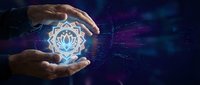Hands protecting glowing lotus mandala symbol with sacred geometry patterns against cosmic space background for spiritual wellness and meditation concepts.