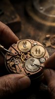 Skilled watchmaker hands holding intricate vintage timepiece mechanism with exposed gears and springs in atmospheric workshop setting for craftsmanship projects.