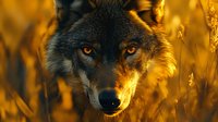 Gray wolf portrait with intense amber eyes in golden autumn grass during sunset light creating warm atmospheric wildlife photography.