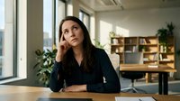 Young professional woman looking thoughtful while sitting at modern office desk near window with natural light and contemporary workspace background.