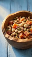 Mixed nuts and dried apricots with chia seeds in a rustic wooden bowl on a blue wooden surface, healthy snack concept.