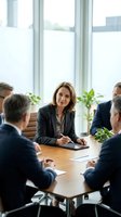Professional businesswoman leading corporate meeting with diverse team in modern office conference room with natural lighting and plants.