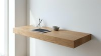 Minimalist floating wooden desk shelf with tablet and bowl in modern white interior space for home office workspace design.