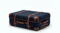 Navy blue vintage suitcase with brown leather straps and corners isolated on white background for travel and luggage design concepts.