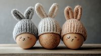 Decorative Easter eggs with knitted bunny ear hats in pastel colors arranged on wooden surface against dark background. Creative holiday decoration concept.