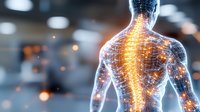 Glowing human spine visualization showing neural network and pain points in transparent male figure against dark background with bokeh effect.