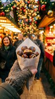 Hand holding paper cone filled with roasted chestnuts at festive Christmas market with warm bokeh lights and holiday decorations in background.