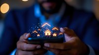 Glowing house icons float above smartphone in dark room with bokeh lights, symbolizing digital real estate, smart home technology and property management.