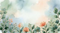 Watercolor botanical border with coral and orange flowers, green foliage, and soft pastel sky, isolated on white background for design projects.