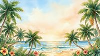 Tropical beach watercolor scene with palm trees, hibiscus flowers, and ocean waves under a warm sunset sky, perfect for summer designs.