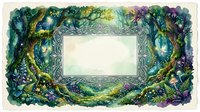 Enchanted forest watercolor frame with glowing fairies, mushrooms, and lush greenery surrounding an ornate blank center for text or design.