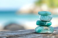 Turquoise and aqua zen stones stacked in balance on weathered wood against blurred tropical beach background, representing wellness and meditation.